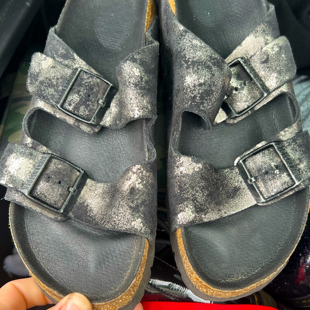 b Fairly used metallic Birkenstocks